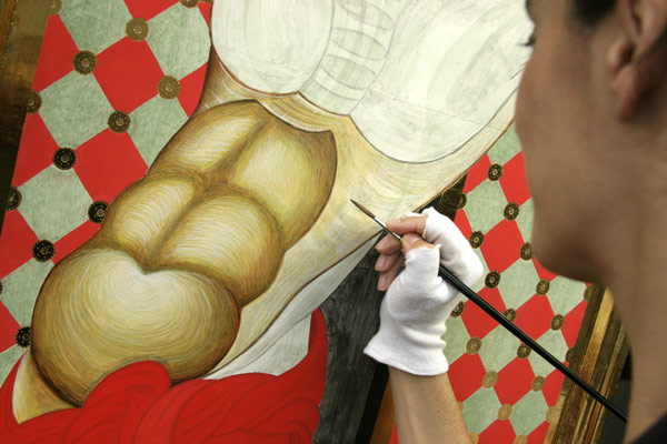 detail during the tempera painting