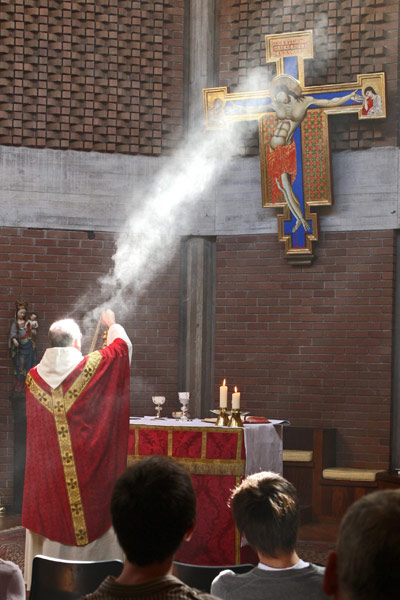 The crucifix was installed in the chapel of the Catholic Chaplaincy in March 2008 and is now in regular use during services